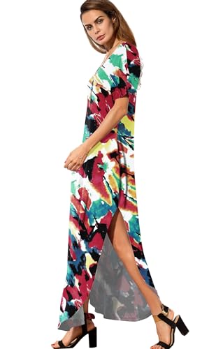 Image of GRECERELLE Women's Summer Maxi Dress Casual Loose V Neck Short Sleeve Side Split Long Dresses with Functional Pockets