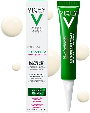 Vichy Normaderm Anti-Acne Spot Treatment With 10% Sulfur, Glycolic Acid & Niacinamide Vitamin B3. Dries out pimples overnight, prevents acne blemishes. Fragrance-free, Dermatologists-recommended, 20ML