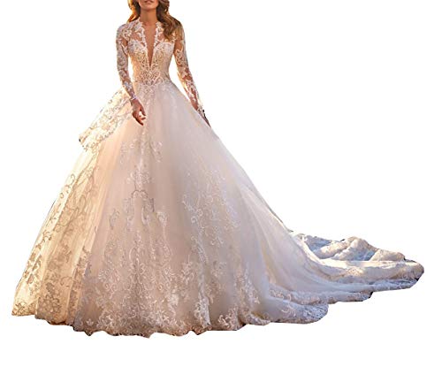 Consejos y comparativas para Comprar Vestido novia pronovias los mejores 10. 37 Melisa Illusion - Vestido de novia de encaje para novia con tren de iglesia, elegante, talla grande, Ivory, 26 Plus
