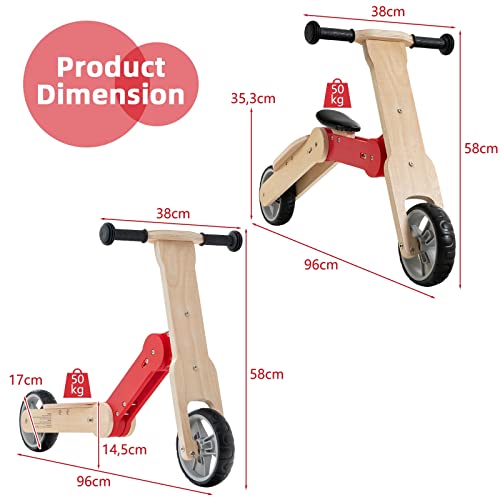 LIFEZEAL 2 in 1 Kinder Laufrad, Lauflernrad aus Holz, Kinderroller mit 2 rutschfesten Rädern & Tragegriff, Kinderrad Rutschrad ab 3 Jahre, Tragfähigkeit von 50 kg, Rot – Bild 7