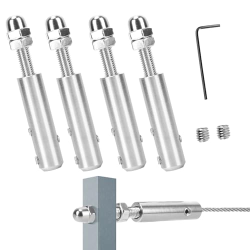 STFALI 4 Pièces Tendeur Cable Inox, Cable Inox 6mm Livré Avec Une Clé En Forme De L Et Deux Vis De Rechange, pour Fixation Haubanage
