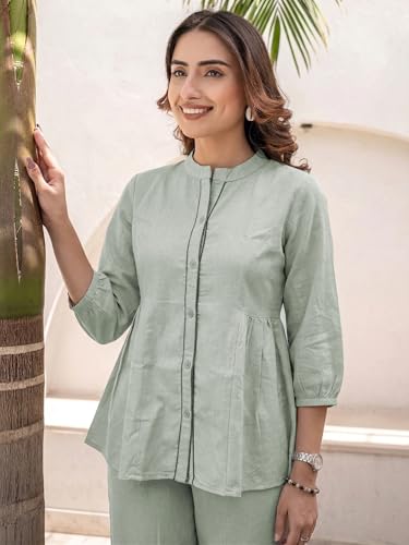 Image of TAGDO Co Ord Set for Women Stylish | Linen Kurta Set for Women | Mandarin Neck & Button Kurti Tops with Straight Fit Pants | Casual, Office & Travel Wear Two-Piece Outfit (2062)