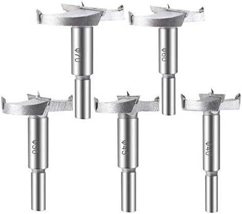 ASNOMY 5PCS Large Size Forstner Drill Bit Boring Woodworking Hole Saw Set, 40/45/50/60/70mm Carbide Steel Hinge Cutter Tool Kits for Wood Plastic Plywood(Large Size)