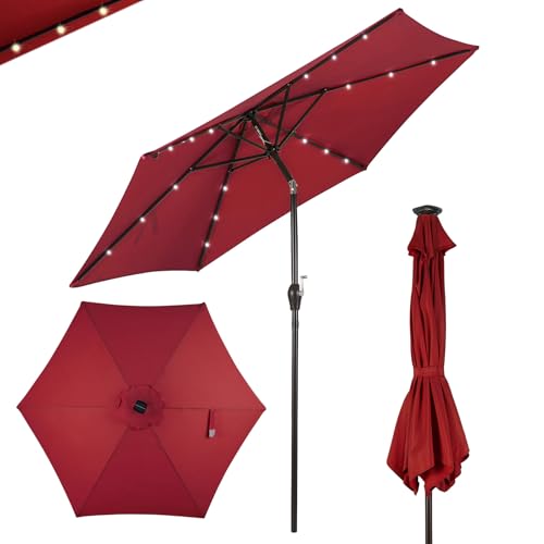 GOPLUS Parasol Déporté 1,5W en Fer et en Polyerster,Parasol de Jardin avec 6 Baleines et 18 Lampes à LED pour Plage,Café,Balcon,Imperméable et Inclinable-Beige/Rouge/Brun-2,7m (Rouge)