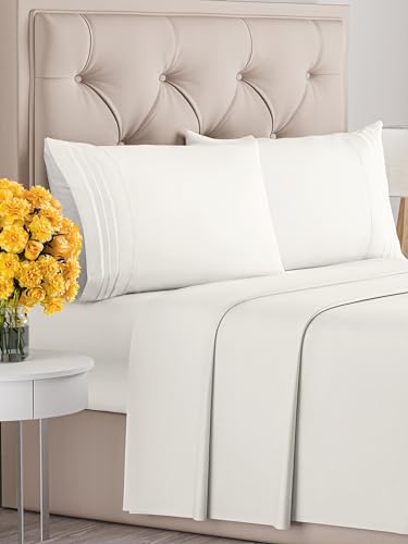 Image of Full Size 4 Piece Sheet Set - Ultra Soft & Cooling Sheets - Antique White | Fits 8 Inch to 16 inch Mattress, Wrinkle Free & Fade Resistant with Deep Pockets, Breathable, Comfy Hotel Luxury Bedding