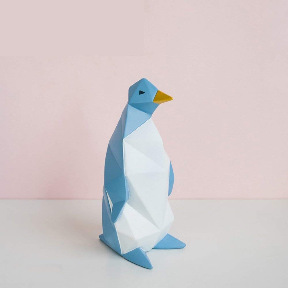 Statue géométrique en résine : tirelire pingouin bleu pour décoration de bureau moderne.