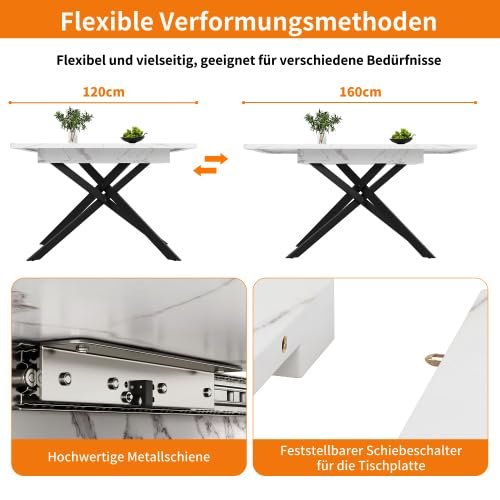 Table de salle à manger extensible 120-160 cm avec décoration en marbre, table de cuisine pour 6 à 8 personnes avec fonction télescopique et pieds en métal croisé, blanc/noir
