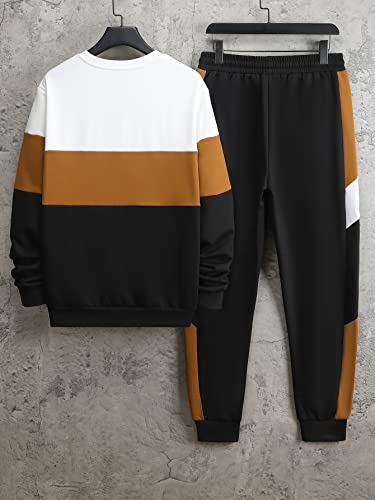 Wdirara Men's 2 Piece Outfit Colorblock Letter Print Sweatshirt And Drawstring Sweatpants Set Multicolor S #TOP1