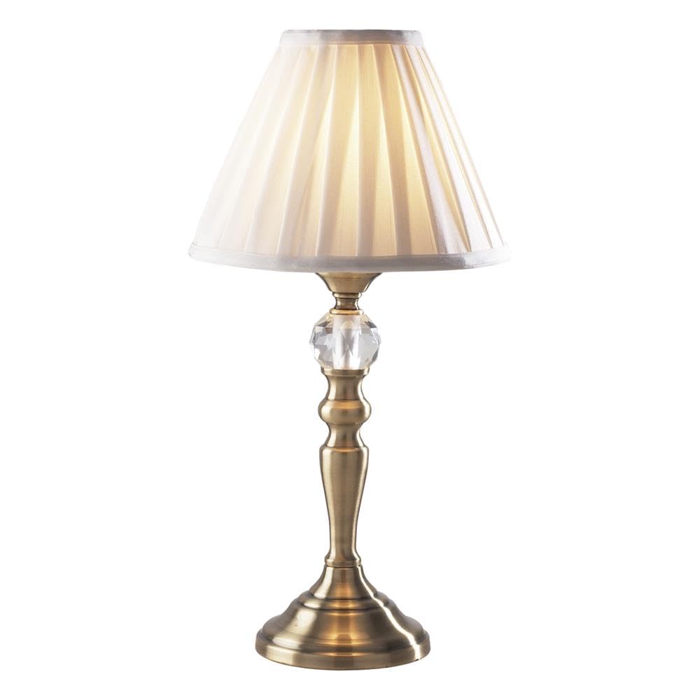 Britalia Antique Brass Touch Table Lamp with Crystal Design, White Pleated Faux Silk Shade, 3 Stage Dimmer, 40cm
