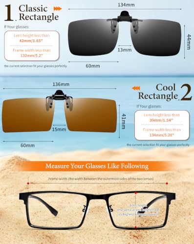 Image of Joopin 2 Pack Rectangle Clip on Flip up Sunglasses Polarized UV Protection | 2 Pcs, TAC lens, Metal Clips, Rubber Bars, Women, Men, rectangular, Frameless, Clamped onto the glasses, Driving, Fishing