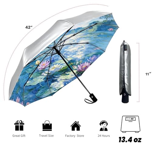 Image of SIEPASA Compact Travel Umbrella - Windproof Auto Open /Close, Small Folding Umbrella for Rain & Sun with UPF50+ - Lightweight Frame, Waterproof - Fits Backpack, Purse, Suitcase.(Silver /Water Lily)