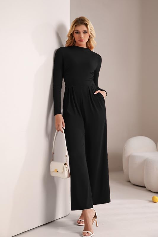 Combinaison Femme Chic et Élégant Manches Longues Col Mock Jumpsuit Slim Fit Taille Haute Pantalon Large avec Poches Casual Combinaisons Fluide Combi Automne pour Cocktail Mariage Soirée