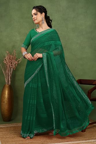 Image of MIRCHI FASHION Saree for Woman Georgette Solid with Satin Stripes | Stone Border Farewell and Ceremonial Sari with Blouse Piece