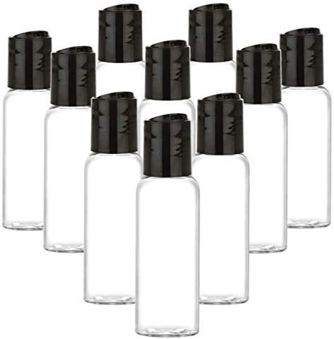 Grand ParfumsEmpty Plastic Squeeze Travel Bottles w/Dispensing Caps, Purse, Pocket Desktop Kids 1 Oz 30ml for Hand Cleaning Gel, Soaps Lotion, Shampoo purse pocket w/BLACK Disc Cap (10 Bottles)