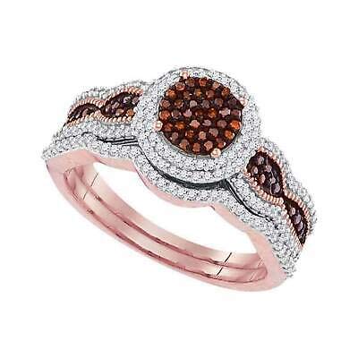 Elegant Touch Round Cut Brown Diamond Halo White Diamond Wedding Ring Set Curved White Diamond Band-Ring 14K Rose Gold Plated #TOP9