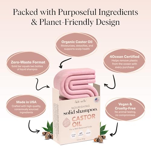 Kitsch Castor Oil Shampoo Bar Soap - Hydrating & Moisturizing Hair Care - Organic Castor Oil Solid Shampoo for Hair Growth & Scalp Nourishment - Silicone & Paraben-Free, Vegan, Made in USA - 3.2oz