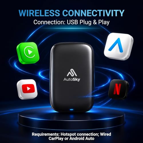 Image of AutoSky Ai Box Lite Air - Streaming on the Go, Netflix and Youtube in your car. Convert Your Wired CarPlay into Wireless CarPlay or Android Auto. HotSpot Required for Streaming. Wired CarPlay Required