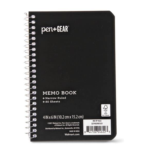 Pen Gear Memo Pad 4x6 Narrow Ruled 80 Sheets, Black Spiral Bound Pack 6      Unknown Binding