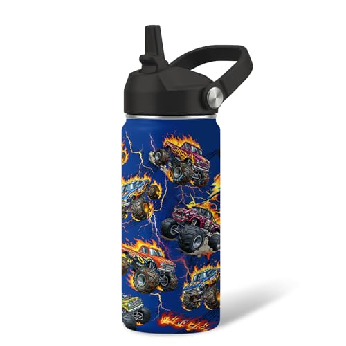 MCPESAS Kids Water Bottle Insulated - 16 oz Kids Stainless Steel Water Bottle with Straw Leak Proof BPA-Free Vacuum Insulated Truck Water Bottles for Sports Travel