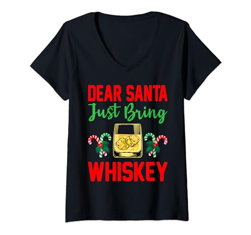 Funny Dear Santa Just Bring Whiskey Christmas Pajamas V-Neck T-Shirt