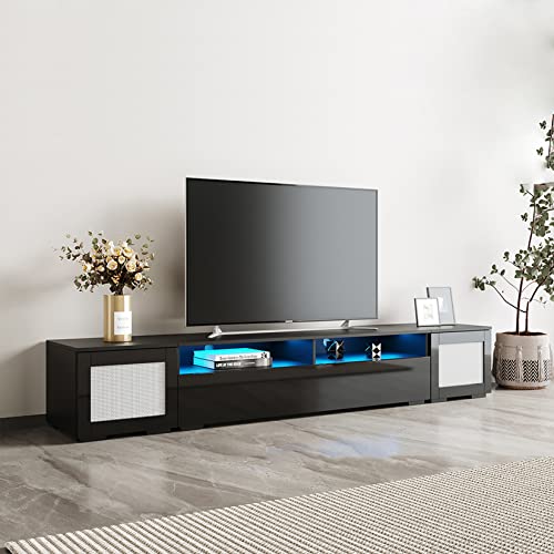 3-Pieces Modern Extended Tv Console Table For Tvs Up To 85 Inch Tv With Color Changing Led Lights For Home Theatre, 85 Inch Tv Stand, Rattan Style Entertainment Center With Push To Open Doors, Black #TOP4