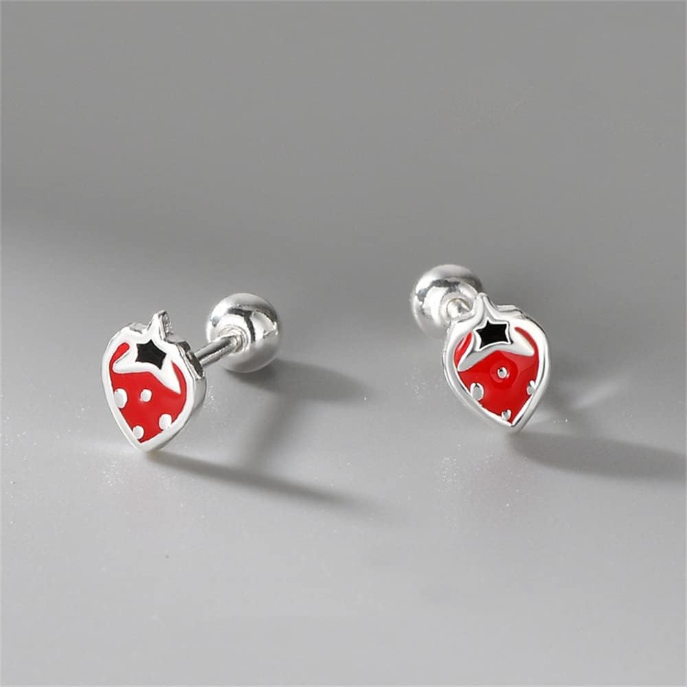 20g Tiny Strawberry Stud Earrings 925 Sterling Silver Hypoallergenic Small Ball Cartilage Earring for Women Enamel Flat Fruit Screw Back Tragus Post Dainty Cute Birthday Holiday Jewelry Gifts Daughter - Image 5