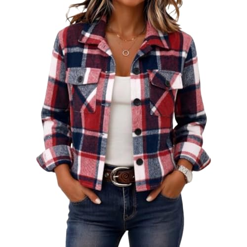 Cropped Jackets for Women Plaid Fashion Button Up Collared Fall Coat - image 1