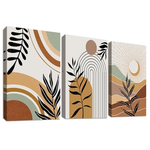 Image of 3 Pcs Wooden Framed Canvas Wall Art Set Mid-Century Boho Abstract Painting on Canvas Prints Geometric Lines Illustrations Pictures for Living Room Bedroom Hallway Stairs Wall Decor 30x40 cm x3pcs