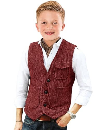Image of Retro Boys Tweed Vest for Kids Formal Dress Herringbone Suit Vest for Toddler Boy Wedding Waistcoat