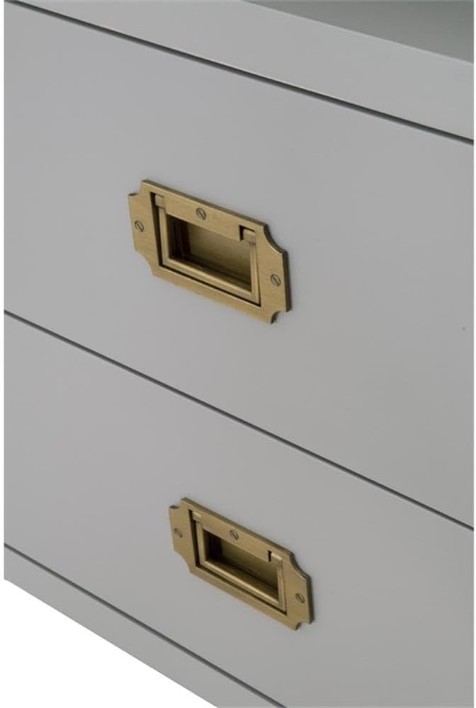 Pemberly Row 2-Drawer Wood Nightstand, Dove Gray Lacquer Finish with Brushed Gold Accents, Pull-Out Tray, Open Shelf, Full Extension Glides, Solid Acacia Bedroom Table 27”H x 35”W x 17.75”D