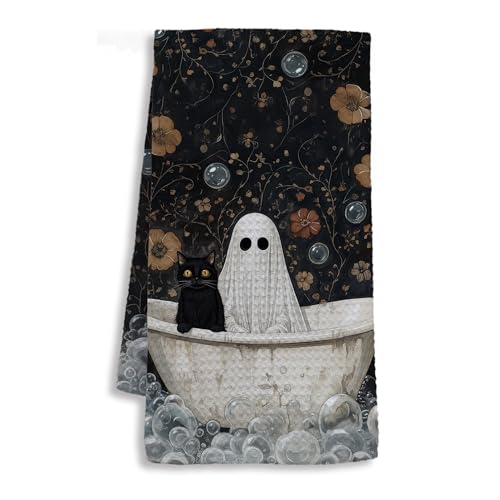 Image of Ghost and Black Cat in Bathtub Bathroom Halloween Hand Towels, Halloween Bathroom Decor, Dark Academia Floral Gothic Ghost Cat Hand Towels for Bath Room Washroom, 16x24 Inch