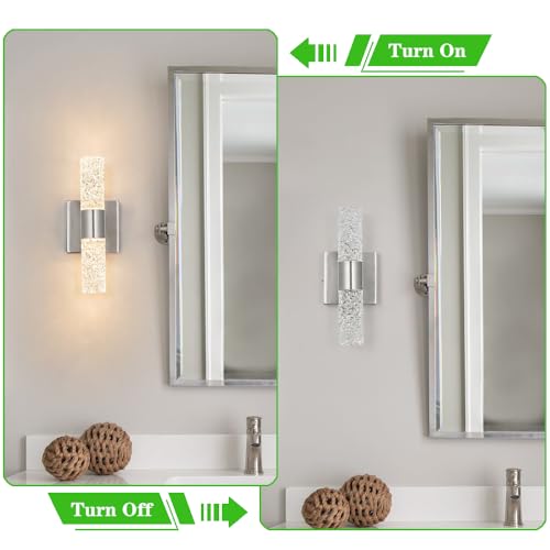 Image of Brushed Nickel Wall Sconces Set of 2, LED Bathroom Vanity Light Fixtures, Hardwired Crystal Sconces Wall Lighting Over Mirror, LED Wall Mount Lights for Bedroom Hallway Indoor, 10W