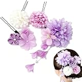 和風 和装 髪飾り 4点セット レディース 浴衣 飾り 花 タッセル ヘアピン Uピン 菊 ヘアクリップ 浴衣 着物 振袖 袴 髪飾り 卒業式 和装 成人式 結婚式 七五三 パーティー 謝恩会 お正月 花火大会 花 ドライフラワー 髪留め ヘアアクセサリー (A-紫)