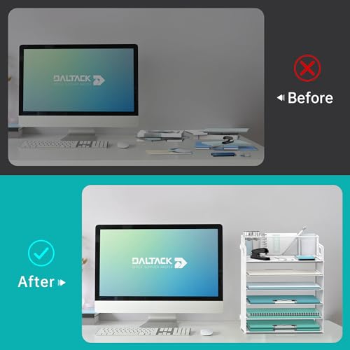 DALTACK Organizador de papel para mesa com 3 porta-canetas, bandeja organizadora de mesa de 6 camada