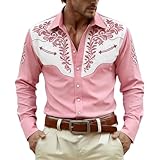 Chemise à manches longues pour homme - Chemise de cowboy - Costume de cowboy - Style rétro vintage - Avec motif brodé - Coupe droite - Pour carnaval, fête à thème rétro, #08-rose, M