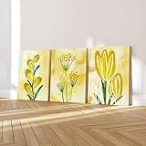 PAINTINGMANTRA Stretched Canvas Painting Yellow Tulip Floral Still Life With Spring Leaves Nature Wall Paintings For Living Room, Home Decor, Wall Decoration Paintings (Set Of 3, 12x16 Inch Each)