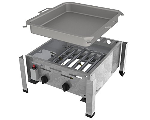 Foto von Gastro Edelstahl Gasbräter 2 flammig 9,0 KW mit Stahlpfanne f. Propangas + Gasschlauch Gewerberegler + SBS (Kocher, Gasgrill Gastrokocher, Gasherd, Bräter, Grill)
