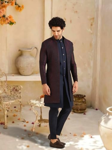 Image of Kisah Men's Jacquard Woven Design Sherwani Set Regular Fit | Wedding, Festive & Occasion Wear