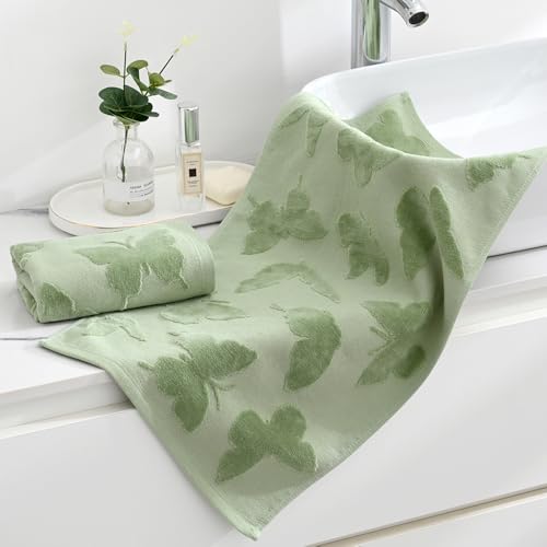 Sense Gnosis MJXB2 Green Hand Towel Set Of 2 Full Embossed Velvet Butterfly Pattern Super Soft 100% Cotton Highly Absorbent Decorative Jacquard Weave Hand Towels thumb #1