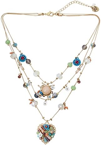 Betsey Johnson Woven Mixed Multi-Colored Bead Flower Heart Illusion Necklace