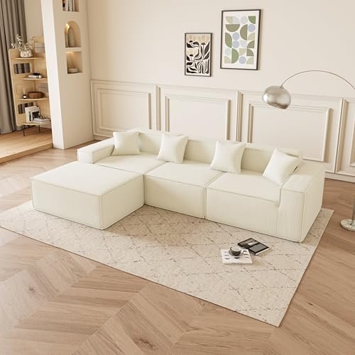 Canapé modulable velours côtelé beige 3 pl + pouf Galyar