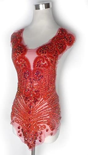 La Belleza Red Crystal Handmade Beautiful Large Bodice Applique Patch for Wedding Dress 27.5x15.7'' Shinny Glass(Red),YM2201