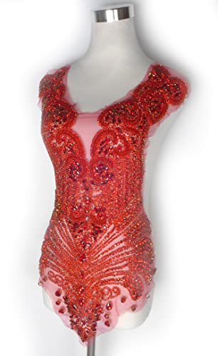 La Belleza Red Crystal Handmade Beautiful Large Bodice Applique Patch for Wedding Dress 27.5x15.7'' Shinny Glass(Red),YM2201