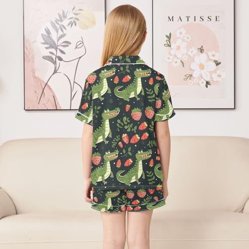 ALAZA Crocodile Strawberry Black Satin Pajamas Set Short Sleeve Button Down Sleepwear Summer Pjs 2 Piece4