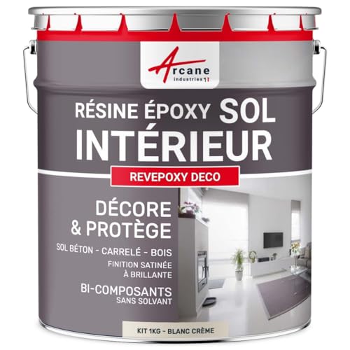ARCANE INDUSTRIES Peinture Sol, résine epoxy, Peinture pour Sol,Salon, Cuisine, Salle de Bains - Effet Miroir : Revepoxy Deco - 1 kg (jusqu'à 5 m² en 2 Couches) Blanc Crème - RAL 9001