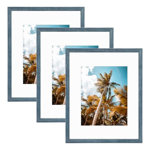 Image of Frametory, 16x20 Picture Frame with Mat for 11x14 Picture - High Definition Glass Wide Molding - Preinstalled Wall Mounting Hardware (Blue, 3 Pack)