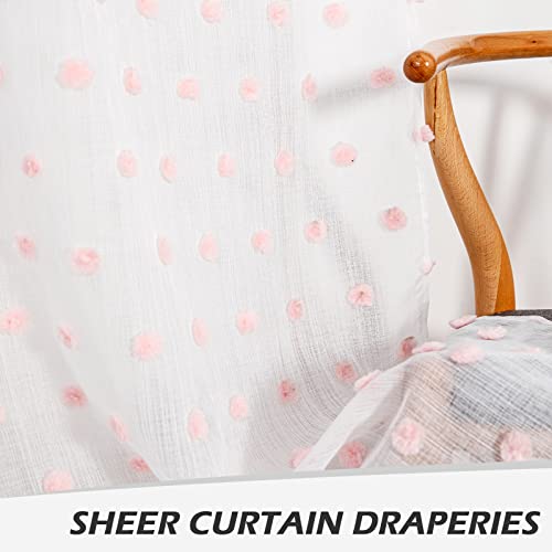 Image of MYSKY HOME Pink Pom Pom Sheer Curtains for Girls Bedroom 54 Inch 2 Panels