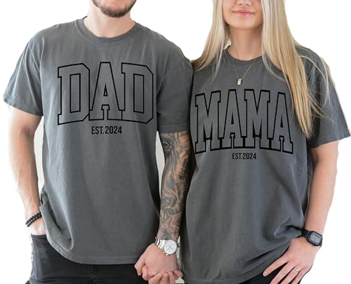 Generic Mama And Dad Shirts, Retro Pregnancy Announcement T-Shirts, Comfort Colors T-Shirts, Trendy Mom Est.2024 T-Shirts cover