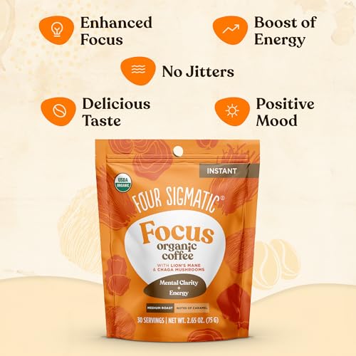 Four Sigmatic Organic Mushroom Coffee | Instant Mushroom Coffee Mix with Lion's Mane, Chaga and Rhodiola for Better Focus and Immune Support | 30 Serving Bag