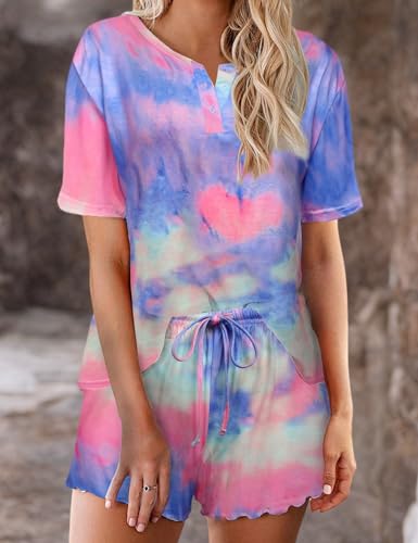Image of Ekouaer Pajamas Set for Women Short Sleeve Lounge Set 2 Piece Loungewear PJs Soft Cute Lightweight Sleepwear